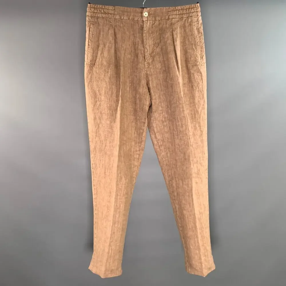 MARCO PESCAROLO Size 32 Brown Grey Dyed Linen Elastic Waistband Casual Pants
